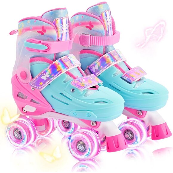 Kids Pink Green Light Up Wheels Adjustable Youth Plastic Roller Skates Shoes